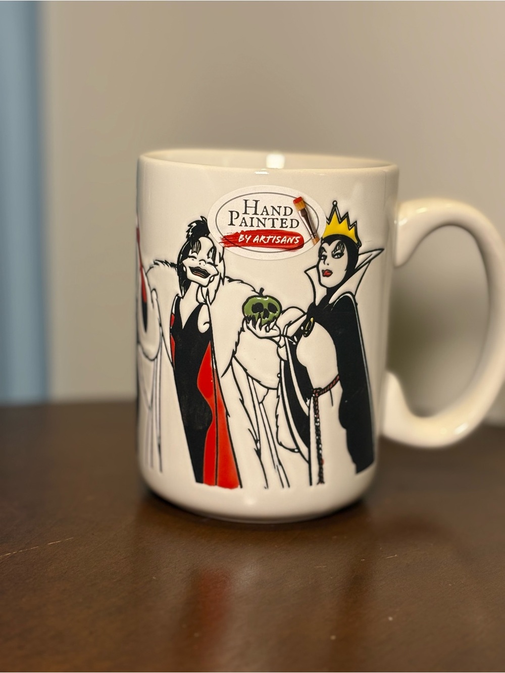 Disney White Ceramic Mug with Hand-Painted Villains in Black and Red Accents